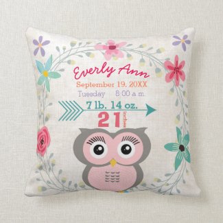 Birth Stats Baby Girl Forest Creature Pink Owl Throw Pillow
