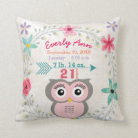 Birth Stats Baby Girl Forest Creature Pink Owl Throw Pillow