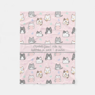 Birth Stats Baby Girl Gift Cute Cats Gray Pink B Fleece Blanket