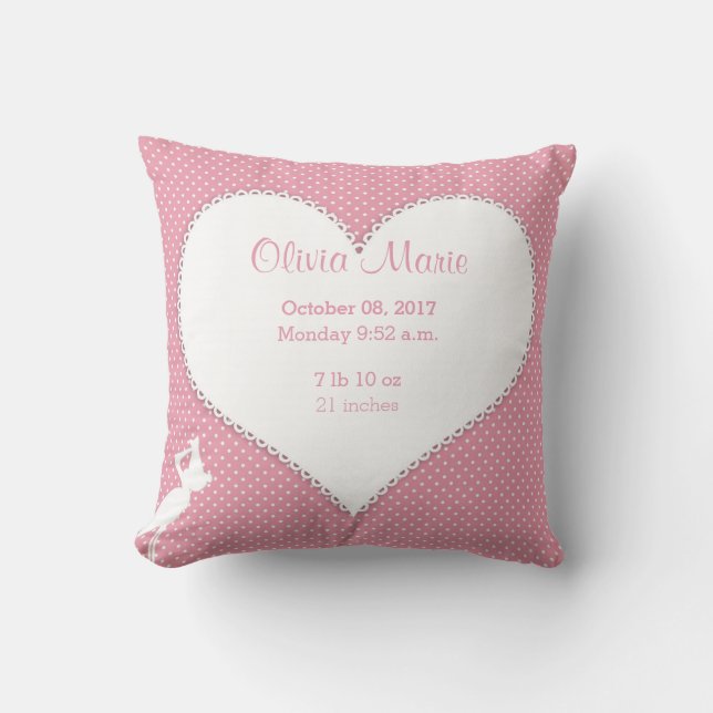 Birth Stats Baby Girl Heart Stork Throw Pillow (Front)