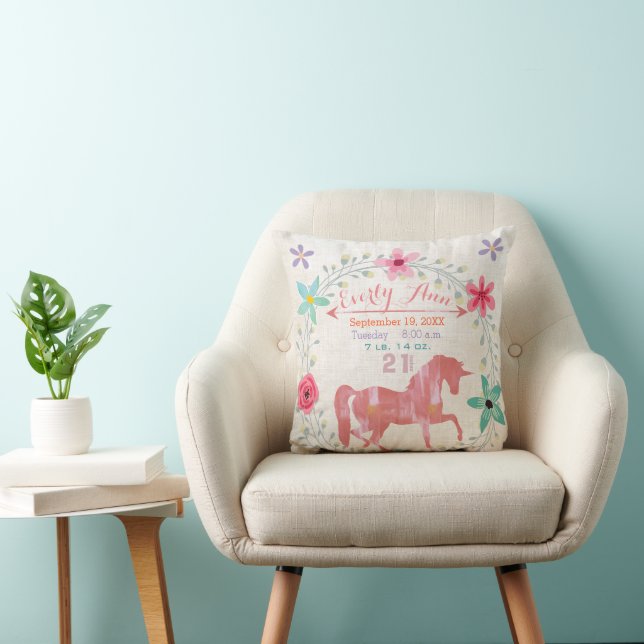 Birth Stats Baby Girl Magical Creatures Unicorn Throw Pillow (Chair)
