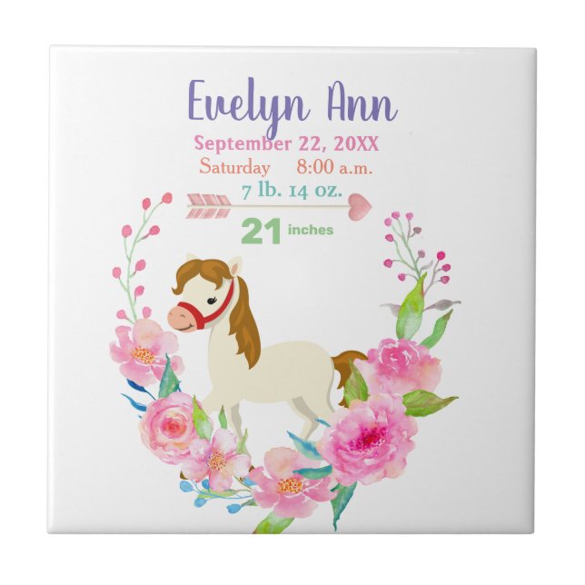Birth Stats Baby Girl Pink Horse Ceramic Tile (Front)