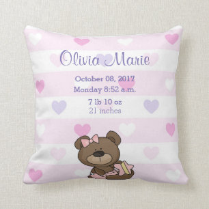 Birth Stats Baby Girl Teddy Bear Throw Pillow