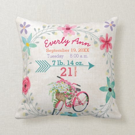 Birth Stats Baby Girl Vintage Retro Pink Bicycle Throw Pillow