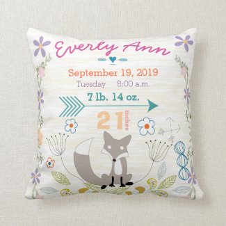 Birth Stats Baby Girl Woodland Creatures Fox Throw Pillow