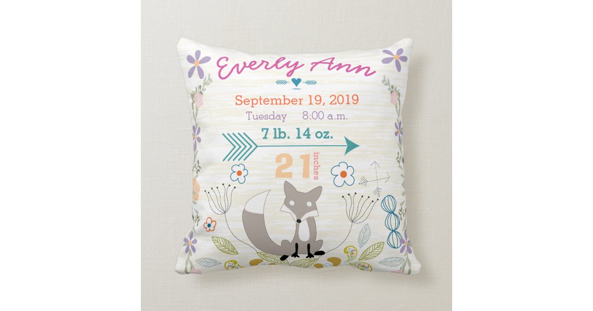 Birth Stats Baby Girl Woodland Creatures Fox Throw Pillow Zazzle
