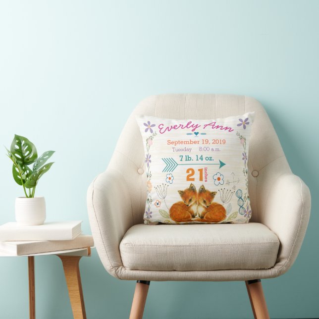 Birth Stats Baby Girl Woodland Creatures Fox Throw Pillow (Chair)