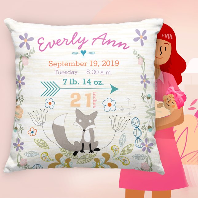Birth Stats Baby Girl Woodland Creatures Fox Throw Pillow (Creator Uploaded)