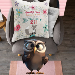 Birth Stats Baby Girl Woodland Creatures Fox Throw Pillow