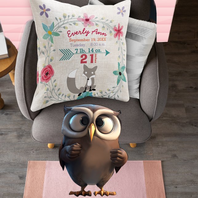 Birth Stats Baby Girl Woodland Creatures Fox Throw Pillow (Creator Uploaded)