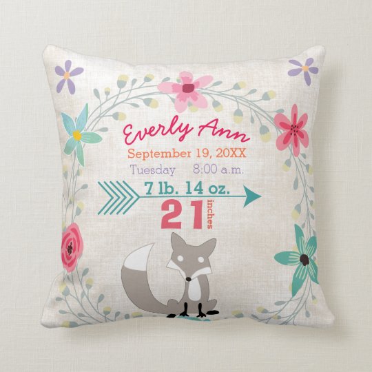 birth stats baby girl woodland creatures fox throw pillow birth stats baby girl woodland creatures fox throw pillow