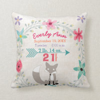 Birth Stats Baby Girl Woodland Creatures Fox Throw Pillow