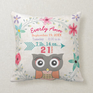 Birth Stats Baby Girl Woodland Forest Creature Owl Throw Pillow