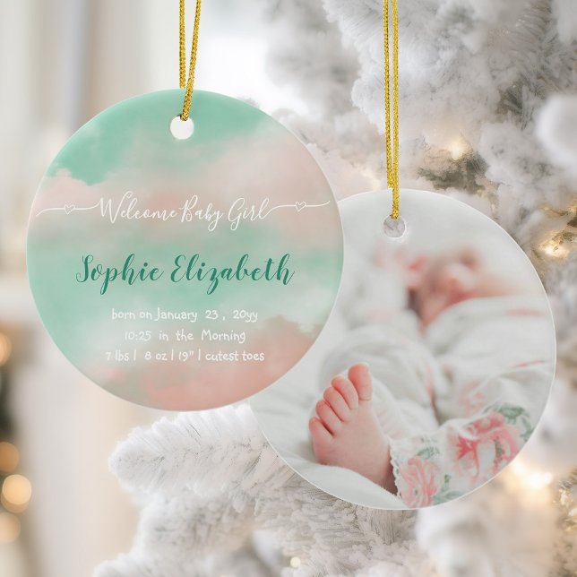 Birth Stats Baby Name Script Newborn Photo Ceramic Ornament (Creator Uploaded)