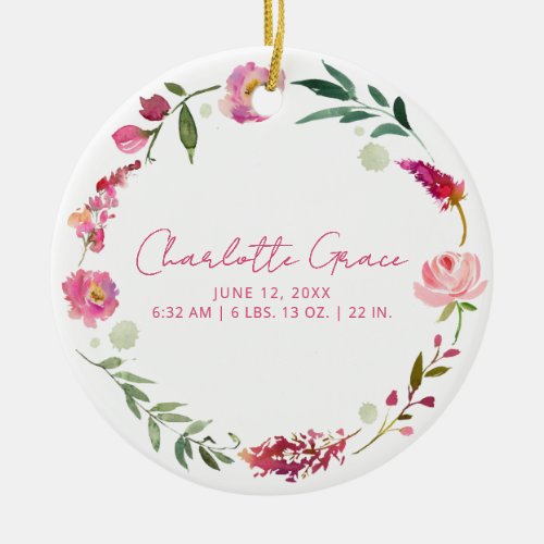 Birth Stats Baby Photo Pink Watercolor Floral Ceramic Ornament