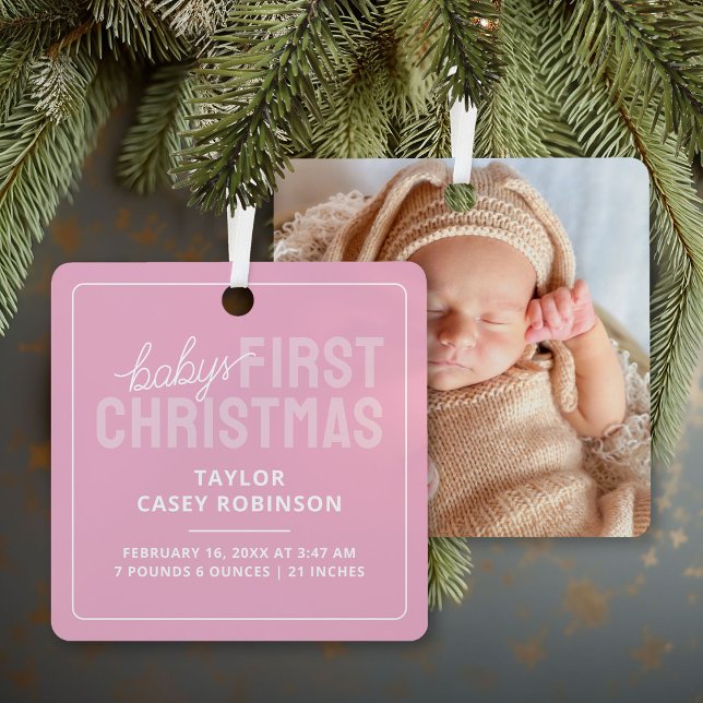 Birth Stats Babys First Christmas Photo Metal Ornament (Creator Uploaded)