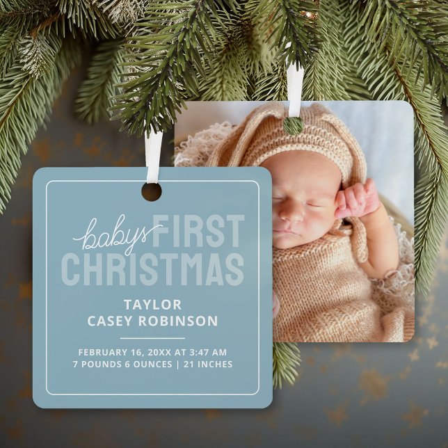 Birth Stats Babys First Christmas Photo Metal Ornament (Creator Uploaded)