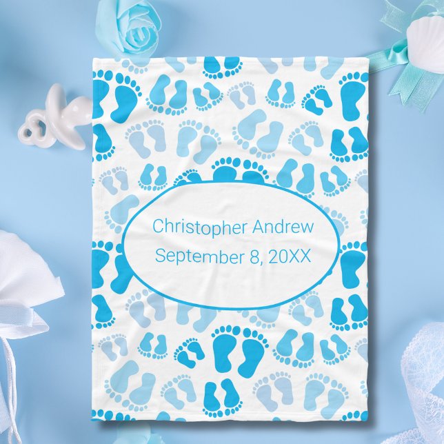 Birth Stats Blue and White Baby Feet Baby Blanket (Blue Baby Feet Birth Stats Personalized Baby Blanket for Baby Boy. Baby Shower Gift, Gift new baby)