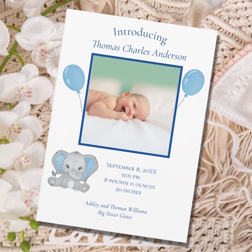 Birth Stats Blue Elephant Baby Boy Birth Announcement