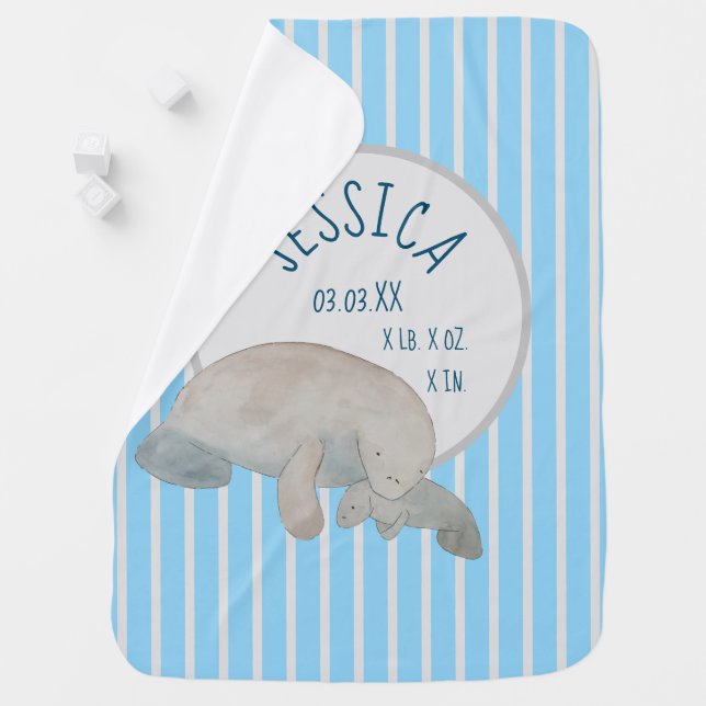 Birth Stats Blue Mother Baby Manatee Baby Blanket (In Situ)