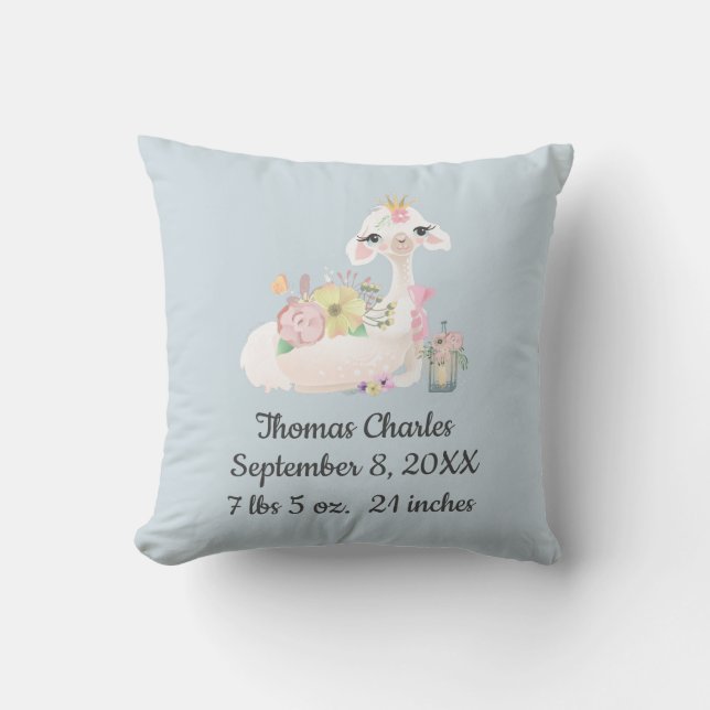 Birth Stats Blue White Llama Baby Boy Gift Throw Pillow (Front)