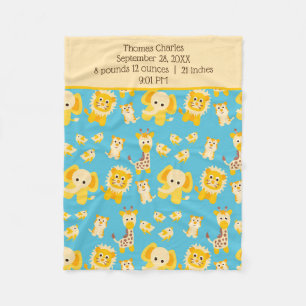 Birth Stats Blue Yellow Jungle Safari Animals Boy Fleece Blanket