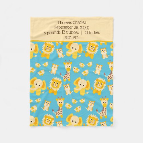 Birth Stats Blue Yellow Jungle Safari Animals Boy Fleece Blanket