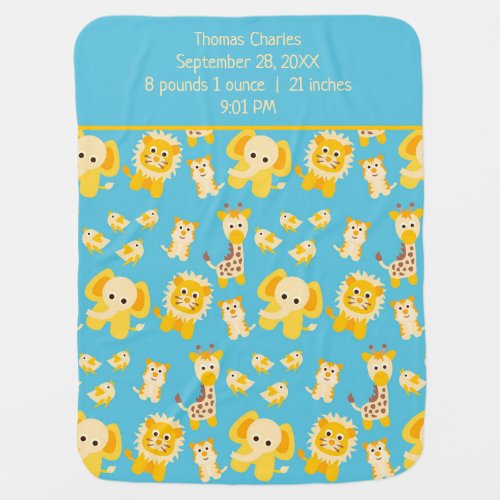 Birth Stats Blue Yellow Lions Elephants Safari Boy Baby Blanket