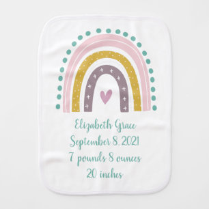 Birth Stats Boho Rainbow Pink Teal Gold Hearts Baby Burp Cloth