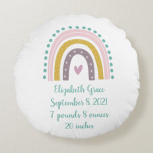 Birth Stats Boho Rainbow Pink Teal Gold Hearts Round Pillow