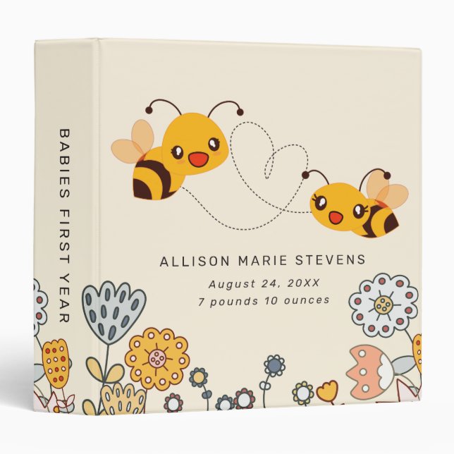 Birth Stats Cute Bees & Flowers Baby Photo Album 3 Ring Binder (Front/Spine)