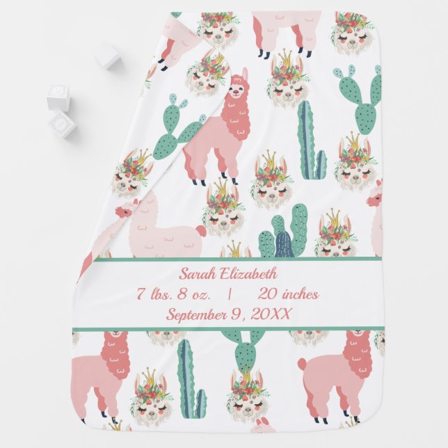 Birth Stats Cute Pink Llama's and Green Cactus  Baby Blanket (In Situ)