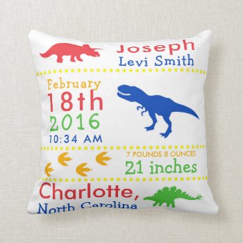 Birth Stats Dinosaur Nursery Pillow by Kookyburra at Zazzle