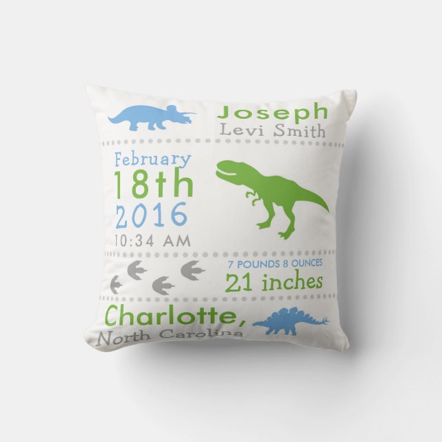 Birth Stats Dinosaur Nursery Pillow Green Blue (Front)