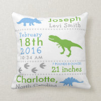 Birth Stats Dinosaur Nursery Pillow Green Blue