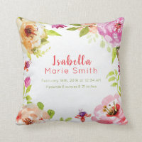 Birth Stats Elegant Floral Girl Nursery Pillow