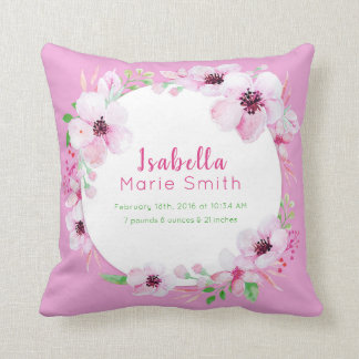 Birth Stats Elegant Floral Girl Nursery Pillow