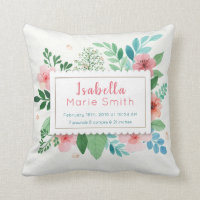 Birth Stats Elegant Floral Girl Nursery Pillow