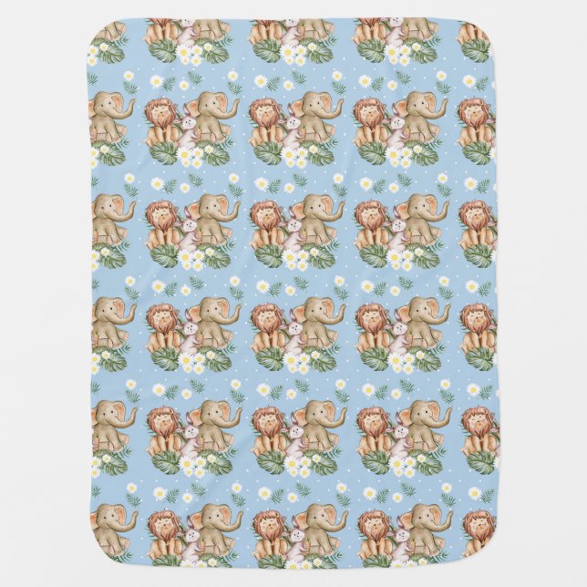 Birth Stats Elephant Lion Bunny Blue Baby Boy Baby Blanket (Front)