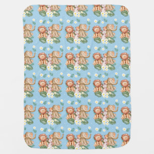 Birth Stats Elephant Lion Bunny Blue Baby Boy Blanket