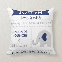 Birth Stats Elephant Nursery Pillow - Navy Grey