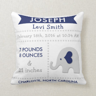 Birth Stats Elephant Nursery Pillow - Navy Grey