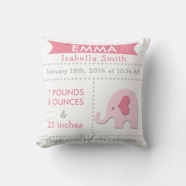 Birth Stats Elephant Nursery Pillow Pink Grey (Front)