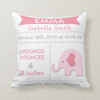 Birth Stats Elephant Nursery Pillow Pink Grey