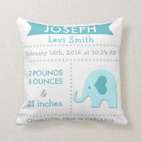 Birth Stats Elephant Nursery Pillow Teal Aqua