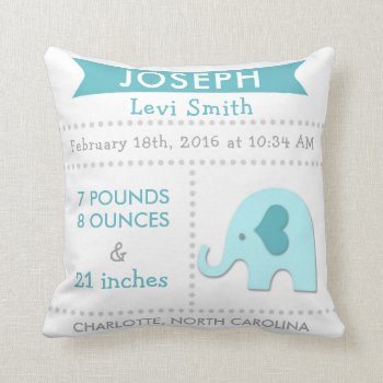 Birth Stats Elephant Nursery Pillow Teal Aqua by Kookyburra at Zazzle