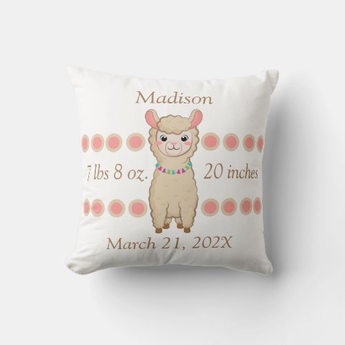 Birth Stats for Baby Girl Pink Llamas Throw Pillow