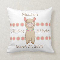 Birth Stats for Baby Girl Pink Llamas Throw Pillow