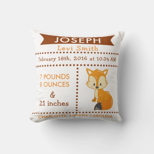 Birth Stats Fox Woodland Nursery Pillow