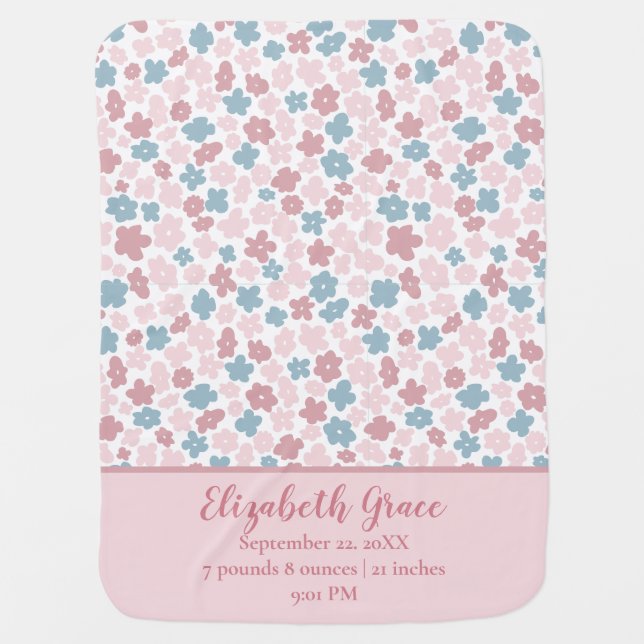 Birth Stats Gift Baby Girl Pink Blue Floral Boho  Blanket (Front)